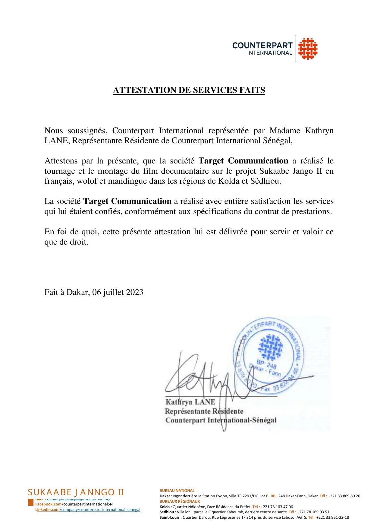 Services faits — Counterpart International